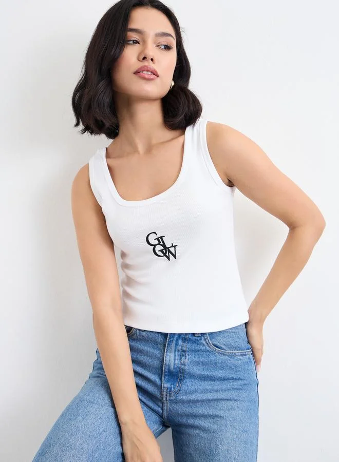 Styli Styli Women White Ribbed Scoop Neck Tank with Embroidered Detail