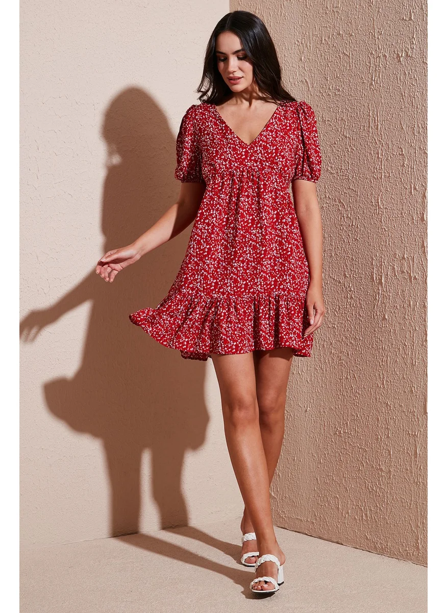 Lela Regular Fit V Neck Balloon Sleeve Patterned Mini Dress Women's Dress 67810045