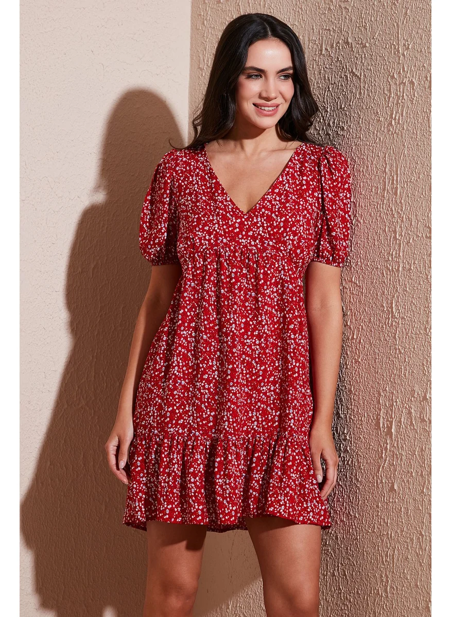 Lela Regular Fit V Neck Balloon Sleeve Patterned Mini Dress Women's Dress 67810045