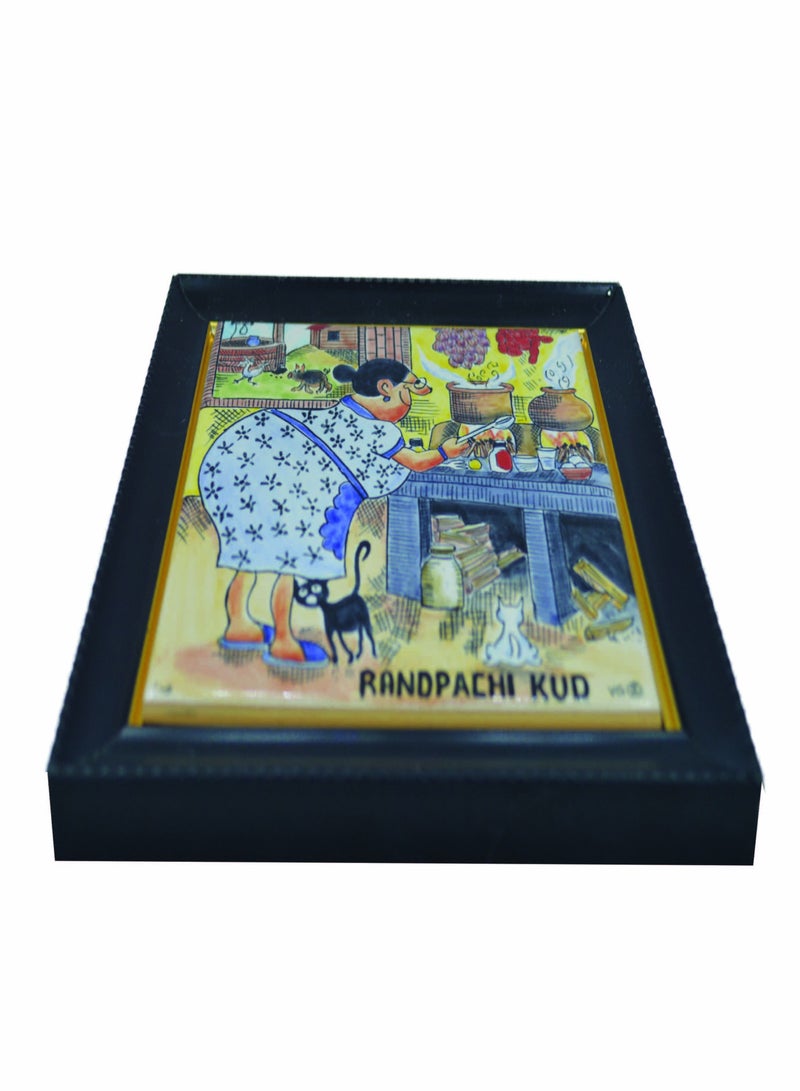 Goa2Gulf Azulejos Hand Painted Baked Tile with wall Frame Color - Randpachi Kudd 19.2 x 19.2 cm