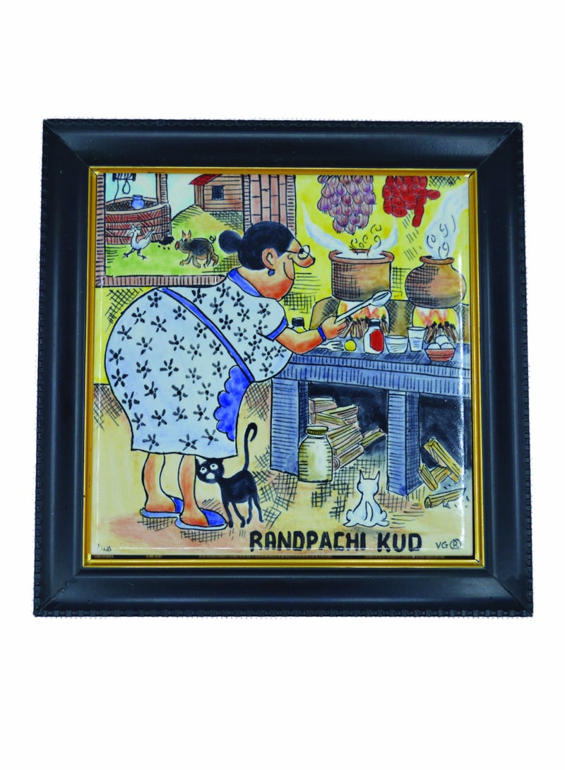 Goa2Gulf Azulejos Hand Painted Baked Tile with wall Frame Color - Randpachi Kudd 19.2 x 19.2 cm