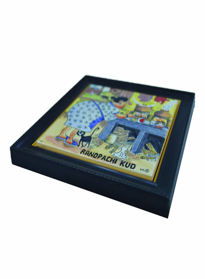 Goa2Gulf Azulejos Hand Painted Baked Tile with wall Frame Color - Randpachi Kudd 19.2 x 19.2 cm