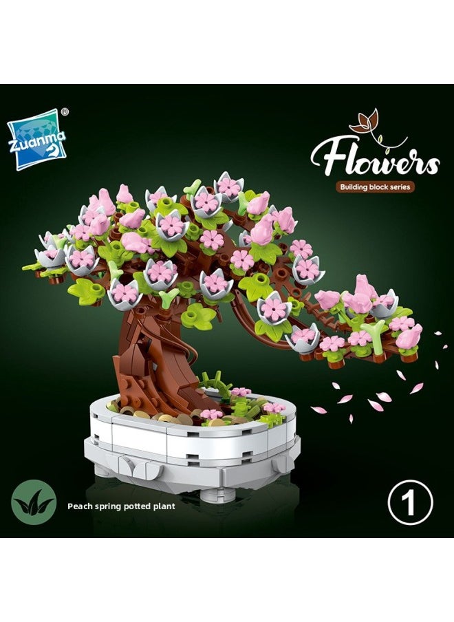null - Children's Puzzle Assembled Small Particle Building Blocks Flower Simulation Narcissus Sunflower Rose Potted Building Blocks Model Toys-Color:9105 Peach Blossom/550PCs Granule 0.7kg - Image 1