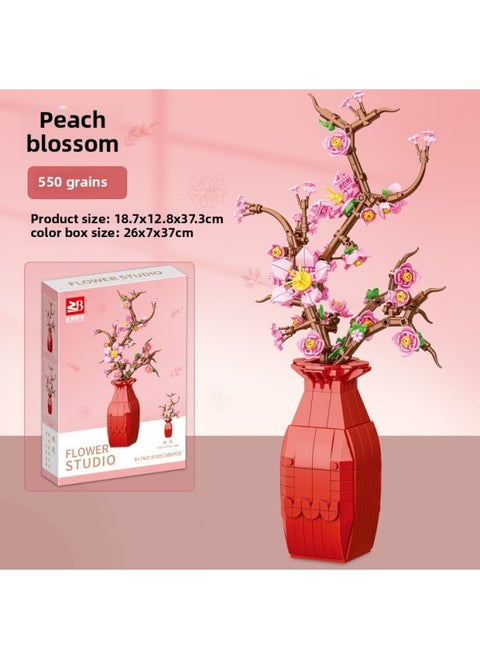 Children's Puzzle Assembled Small Particle Building Blocks Flower Simulation Narcissus Sunflower Rose Potted Building Blocks Model Toys-Color:9105 Peach Blossom/550PCs Granule 0.7kg