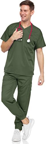 MediChic Men's Scrubs Set – Stretch V-Neck Workwear, 7-Pocket Jogger Pants, Flex Medical Uniforms, Olive Medium - Image 2