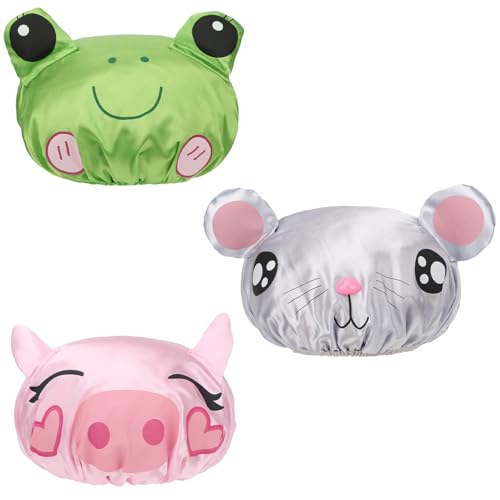 kilofly 3pc Fun Cute Animal Shower Caps for Kids Reusable Waterproof Bath Hat Set - Image 1
