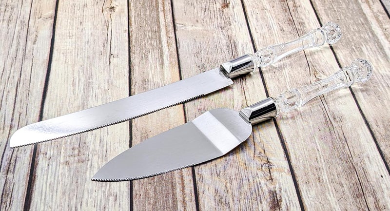 Lassos Boutique 2Piece Acrylic Faux Handle Cake Server and Knife Set for Wedding Cake Thanksgiving Christmas Quinceanera Stainless Steel Blade Cake Cutting Set Silver - Image 4