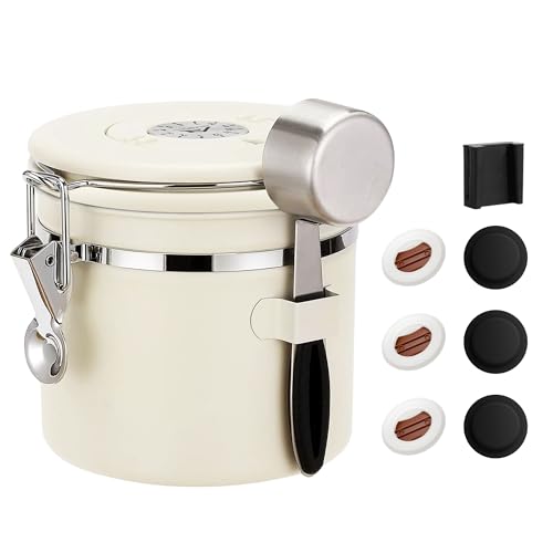 ShanSon Coffee Canister Airtight Coffee Container Stainless Steel Coffee Bean Storage Container with Scoop Coffee Canister for Beans Grounds Sugar Flour Tea Cereal,11OZ,Beige - Image 1