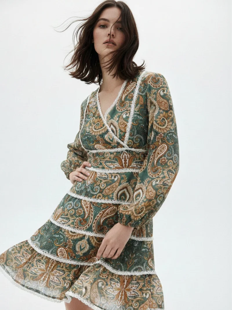 Outzidr  Green Printed Rayon Crinkled Blouse with lace detail for Women | Best Price UAE