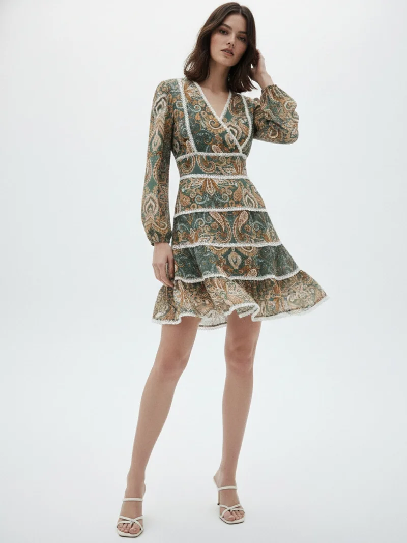 Outzidr  Green Printed Rayon Crinkled Blouse with lace detail for Women | Best Price UAE
