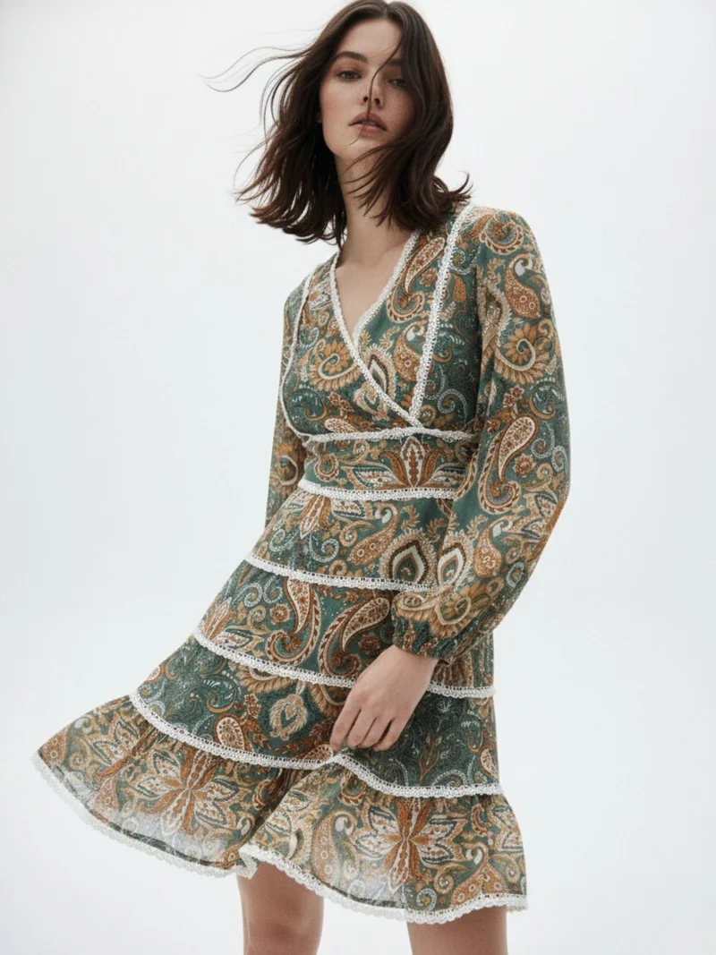 Green Printed Rayon Crinkled Blouse with lace detail