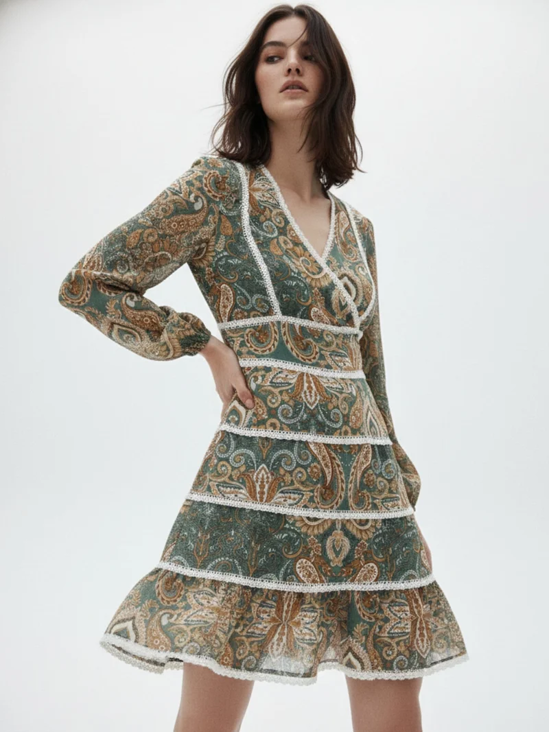 Outzidr  Green Printed Rayon Crinkled Blouse with lace detail for Women | Best Price UAE