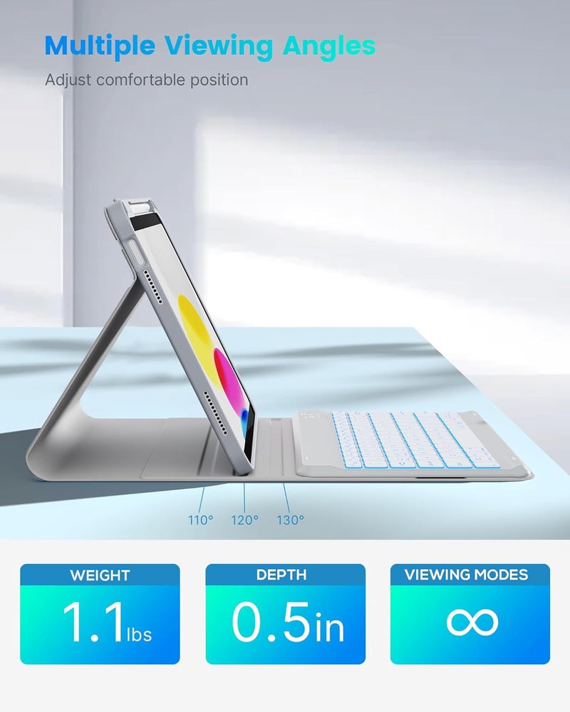 حقيبة لوحة مفاتيح Folio لجهاز iPad الجيل العاشر 10.9 بوصة (2022) وiPad الجيل الحادي عشر (A16، 2025)، لوحة مفاتيح لاسلكية قابلة للفصل مغناطيسيًا، إضاءة خلفية بـ 7 ألوان، رفيعة وخفيفة، حامل للقلم – رمادي - Image 4
