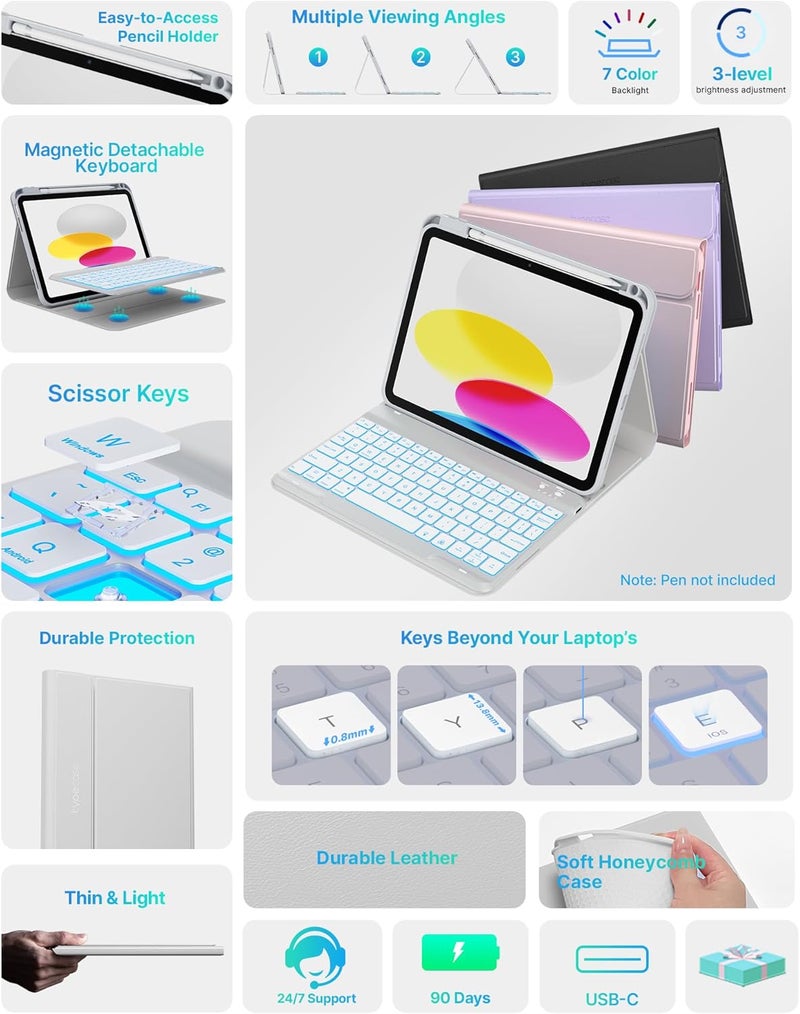 حقيبة لوحة مفاتيح Folio لجهاز iPad الجيل العاشر 10.9 بوصة (2022) وiPad الجيل الحادي عشر (A16، 2025)، لوحة مفاتيح لاسلكية قابلة للفصل مغناطيسيًا، إضاءة خلفية بـ 7 ألوان، رفيعة وخفيفة، حامل للقلم – رمادي - Image 3