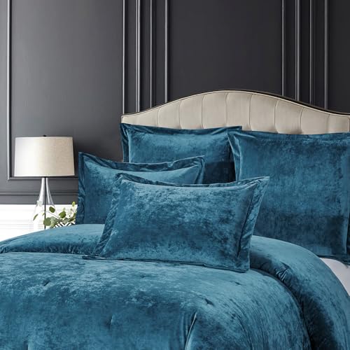 Sunshine Nicole Distressed Velvet Comforter Set, Distressed Velvet Face and Brushed Solid Microfiber Reverse, with Light Weight Soft Poly Fill, 5 Pieces Teal, Queen - Image 4