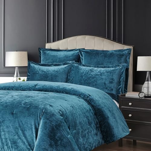 Sunshine Nicole Distressed Velvet Comforter Set, Distressed Velvet Face and Brushed Solid Microfiber Reverse, with Light Weight Soft Poly Fill, 5 Pieces Teal, Queen - Image 2