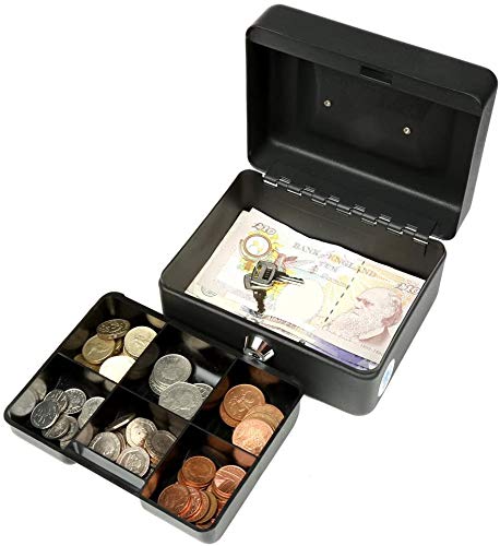 Delzon Small Cash Box with Key Lock and Coin Try, Portable 6" Petty Cash Tin Steel Money Safe Box (Multi Color) - Image 4
