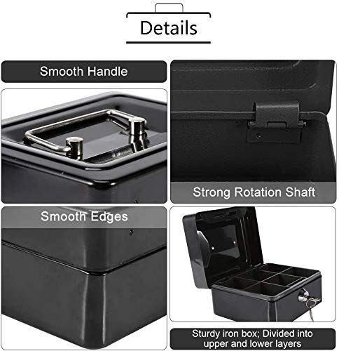 Delzon Small Cash Box with Key Lock and Coin Try, Portable 6" Petty Cash Tin Steel Money Safe Box (Multi Color) - Image 5