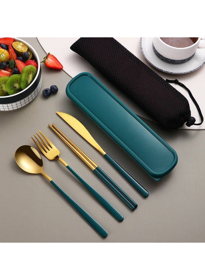 6 Pieces Stainless Steel Flatware Set, Portable Reusable Cutlery Set, Travel Utensils Set, Including Chopsticks, Knife, Fork, Spoon, Storage Box, Net Bag (Green Golden) - Image 1