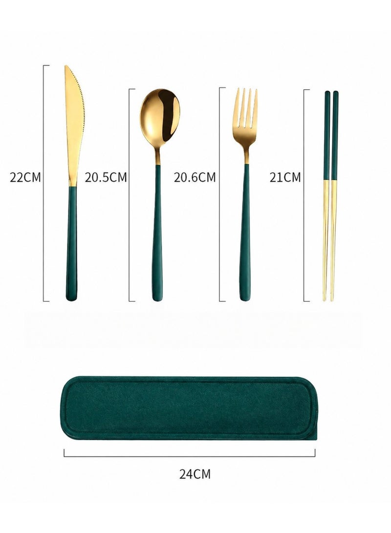 6 Pieces Stainless Steel Flatware Set, Portable Reusable Cutlery Set, Travel Utensils Set, Including Chopsticks, Knife, Fork, Spoon, Storage Box, Net Bag (Green Golden) - Image 2