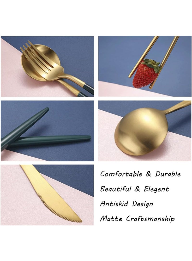 6 Pieces Stainless Steel Flatware Set, Portable Reusable Cutlery Set, Travel Utensils Set, Including Chopsticks, Knife, Fork, Spoon, Storage Box, Net Bag (Green Golden) - Image 4