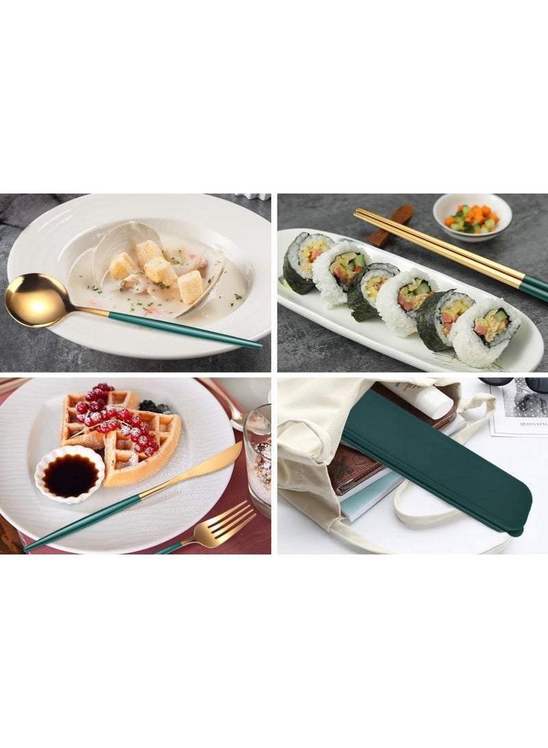 6 Pieces Stainless Steel Flatware Set, Portable Reusable Cutlery Set, Travel Utensils Set, Including Chopsticks, Knife, Fork, Spoon, Storage Box, Net Bag (Green Golden) - Image 3