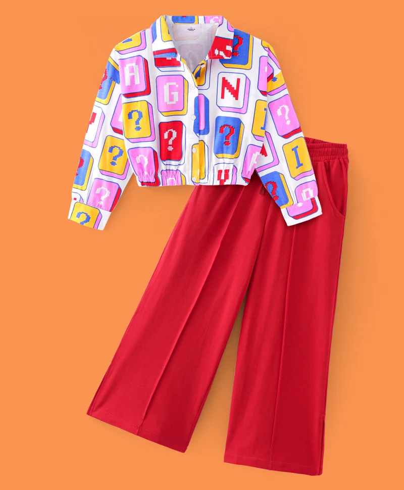 Ollington St. Ollington St. Cotton Full Sleeves Text Printed Shirt Top and Culotte Pants Set - Red