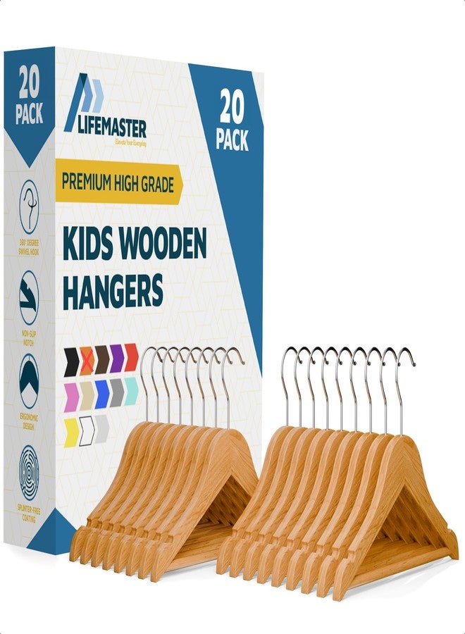 LifeMaster Natural Color Wooden Kids Hangers 20 Pack, Toddler & Baby Wooden Hangers, 11.8" Solid Maple Wood with 360° Swivel Hook, Pants Bar & Notches, Up to 7.7lb Capacity, Space-Saving Design for Ages 0-8 - Image 1