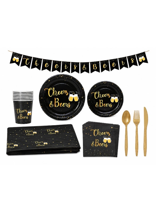 114 Pcs Cheers and Beers Party Tableware Set for 16 Guests, Black and Gold Disposable Plates, Cups, Napkins, Cutlery, Banner and Tablecloth - Image 1