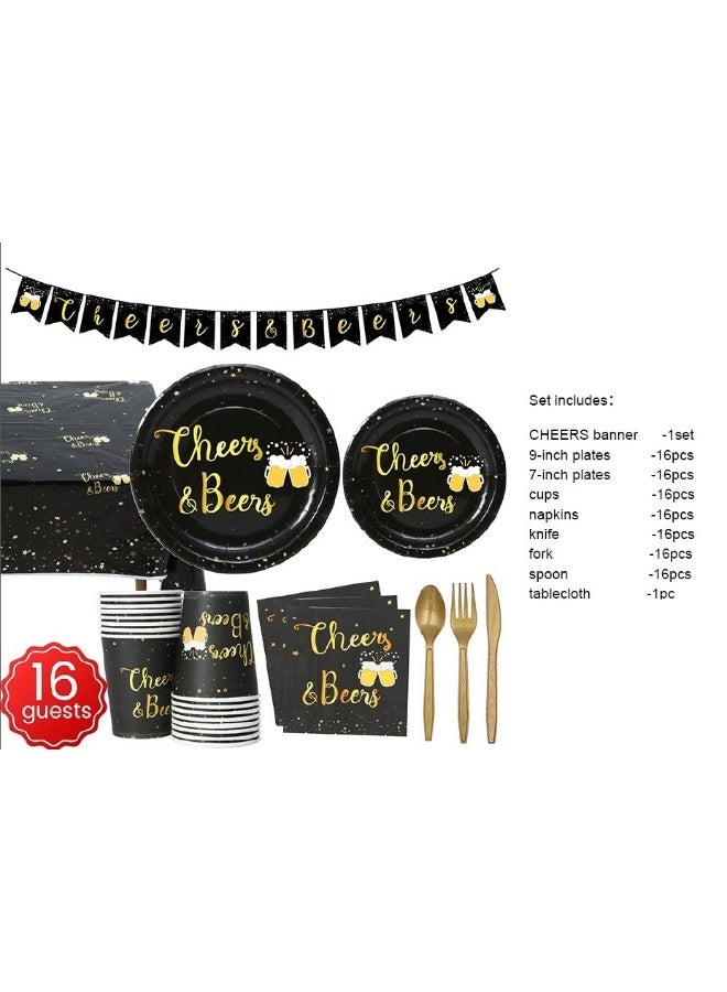 114 Pcs Cheers and Beers Party Tableware Set for 16 Guests, Black and Gold Disposable Plates, Cups, Napkins, Cutlery, Banner and Tablecloth - Image 2