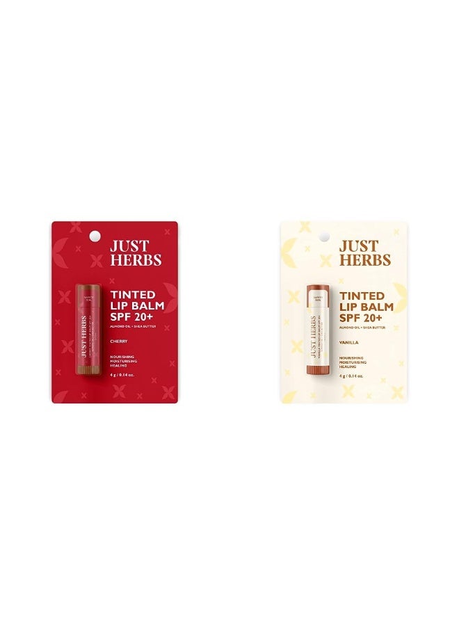 جاست هيربز مجموعة ثنائية من مرطب الشفاه الملون Just Herbs (بوزن 4 جم) - بعامل حماية SPF 20+ لتفتيح الشفاه الداكنة - بنكهتي الكرز والفانيليا. - Image 1