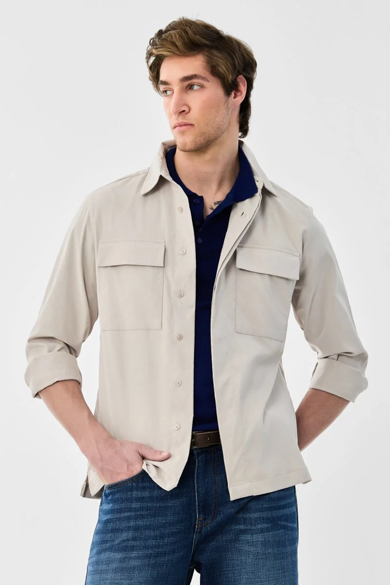 سنيتش Beige Solid Long Sleeve Regular Fit Shirt
