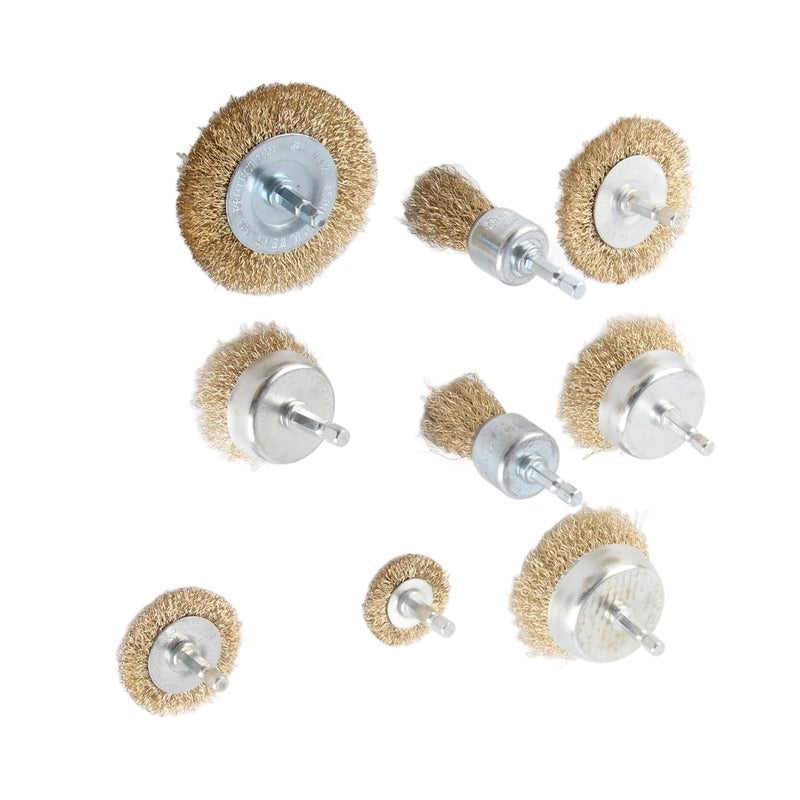 9Pcs Drill Wire Brush Wheel Drill Wire Brush End Cup 1/4in Hex Shank Accessory Set Kit for Wood Metal - Image 1