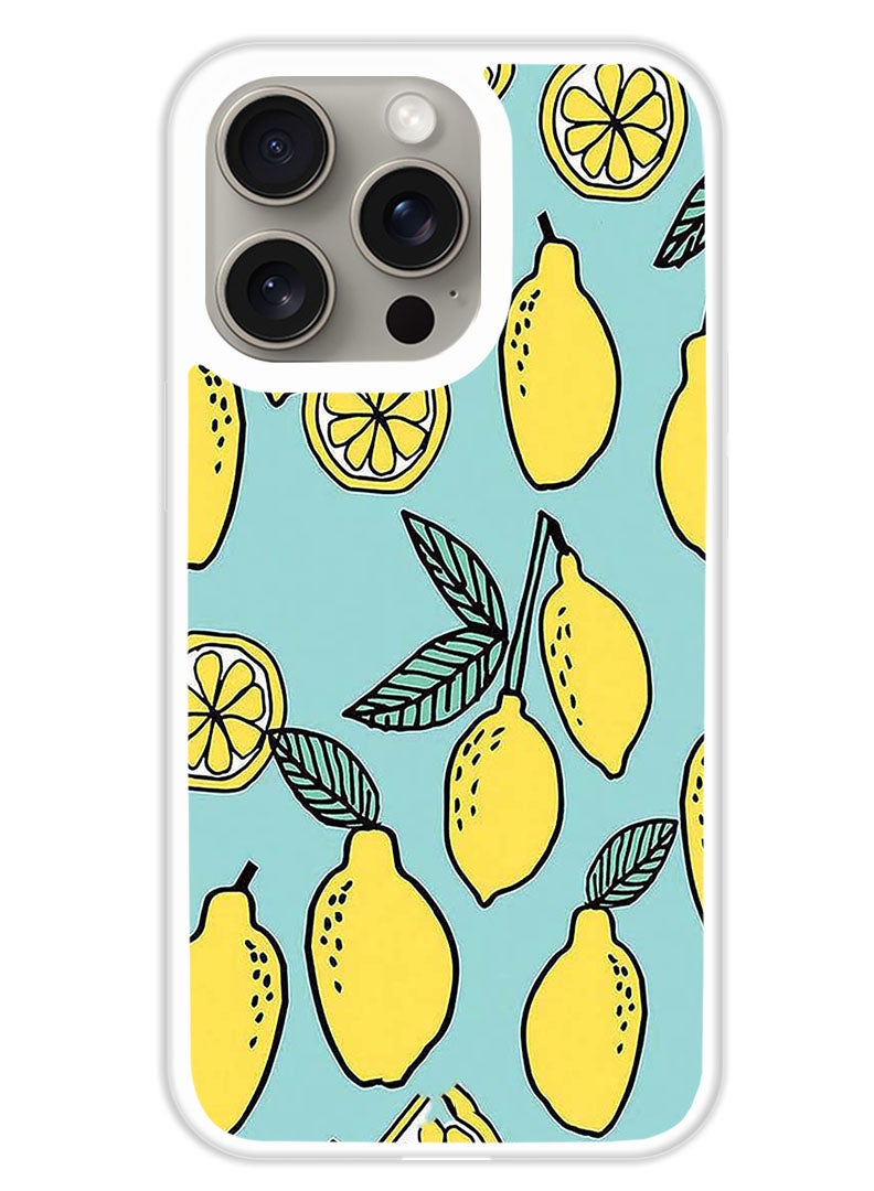 Theodor Protective Case Cover For APPLE IPHONE 15 Pro Lemons Background Turqoise (White Bumper) - Image 1