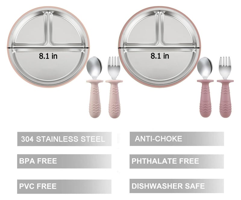 PandaEar 2 Pack Stainless Steel Baby Suction Plates & 2 Pack Spoons and Forks Set, Toddler Utensils Baby Feeding Set, Divided Plates for Baby Led Weaning Supplies, BPA-Free (Pink) - Image 3