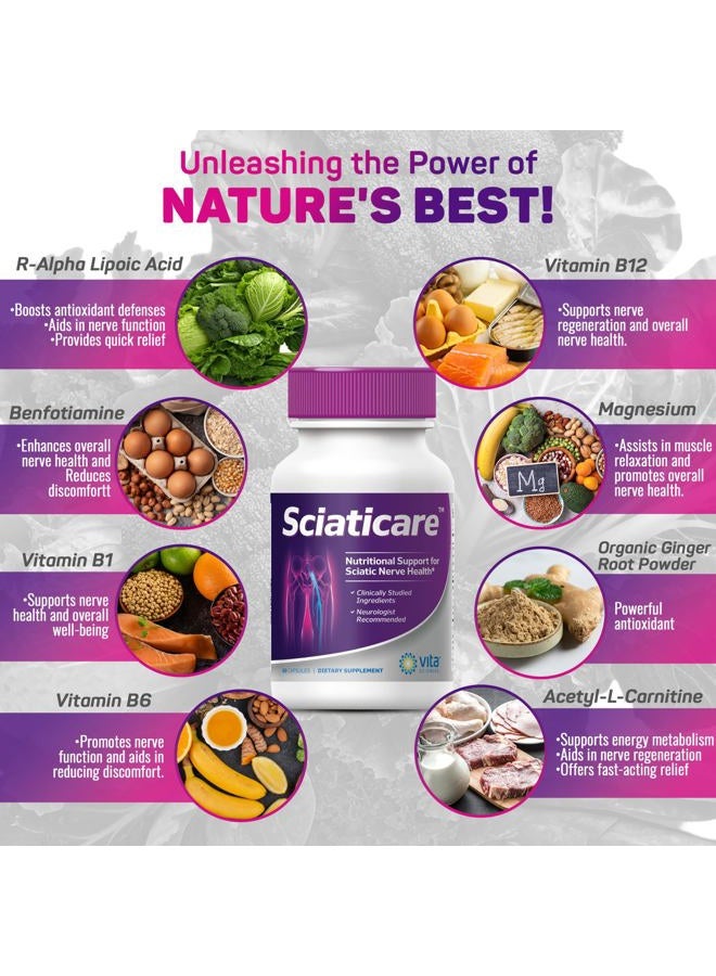 Vita Sciences Sciaticare Nerve Soothing Supplement Vitamins with Natural R-ALA Form 40X Strength, NOT Synthetic Alpha Lipoic Acid (ALA) - Lower Lumbar Sciatic, Hip, Thigh, Leg, Foot - Image 2