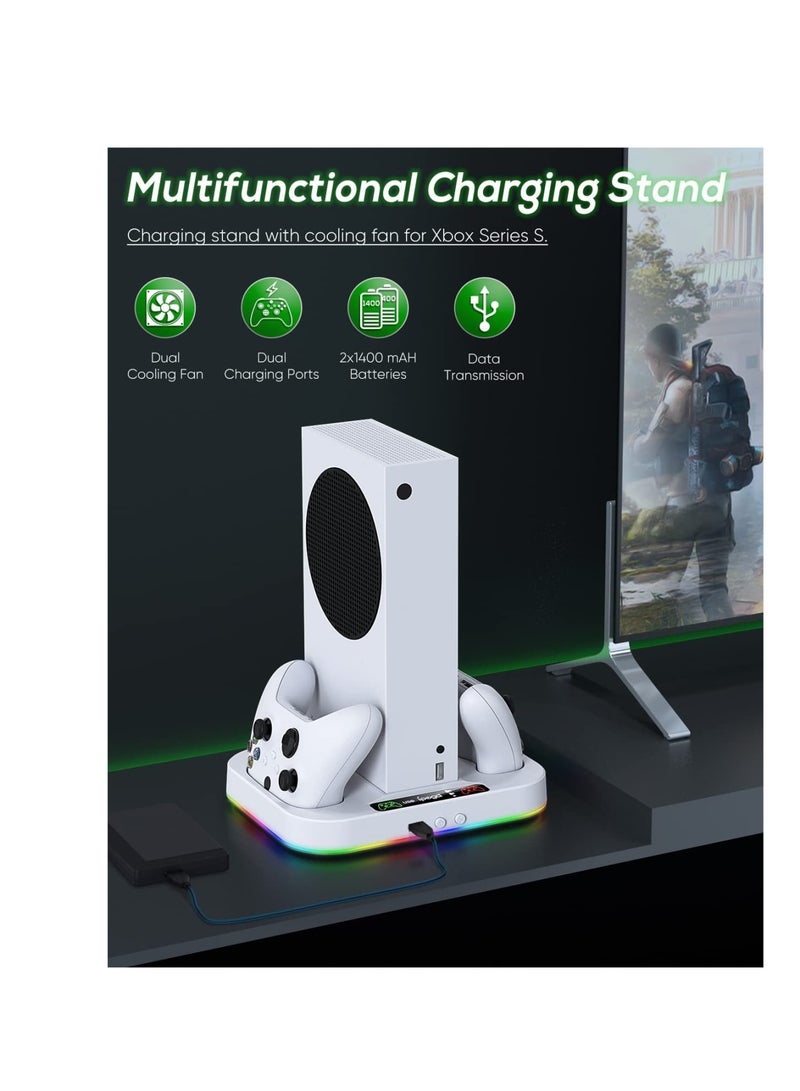 SOLARAE Cooling Fan Stand for Xbox Series S with RGB Light Strip, Upgraded Dual Controllers Charging Dock Accessories with 2 X 1400mAH Rechargeable Battery Pack, Headset Hook & USB Ports, White - Image 3