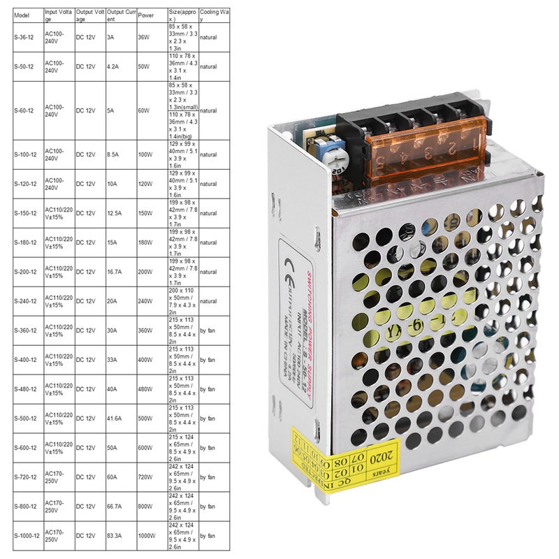 مُحول طاقة تبديل محول قائد DC12V مصنوع من سبائك الألومنيوم شاشة LED شريط ضوء مطبعة ثلاثية الأبعاد (S-50-12 (12 فولت 4.2 أمبير 50 واط) AC100-240 فولت) - Image 2