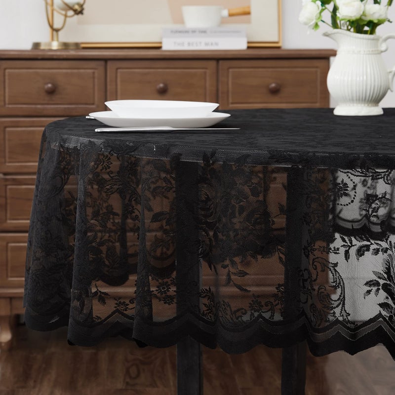 LinenZone Beautiful Round Lace Tablecloth with Elegant Scalloped Bottom for Any Special Event Such as Wedding  Birthday Party  Baby Shower  Anniversary. Sits 6 to 8 People. (Luna TC 90 Round  Black) - Image 3