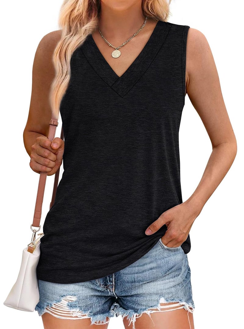 WIHOLL Womens Tank Tops Summer Tops for Women 2026 V Neck T Shirts Trendy Sleeveless Tunic Tops Beach Shirt Black Tops Basic Shirts Black L - Image 2