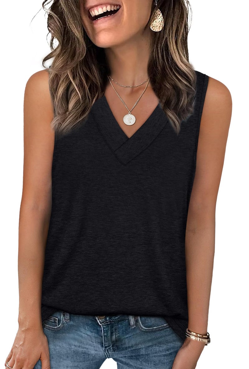 WIHOLL Womens Tank Tops Summer Tops for Women 2026 V Neck T Shirts Trendy Sleeveless Tunic Tops Beach Shirt Black Tops Basic Shirts Black L - Image 1