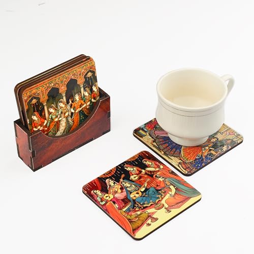 Zepdos Wooden Handcrafted Rajasthani Art Coasters Set with Stand, Ethnic Indian Folk Design Tea & Coffee Coaster Set for Coffee Cups, Dining Table & Home Decor (Set of 6) - Image 1