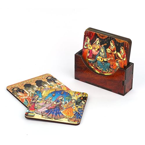 Zepdos Wooden Handcrafted Rajasthani Art Coasters Set with Stand, Ethnic Indian Folk Design Tea & Coffee Coaster Set for Coffee Cups, Dining Table & Home Decor (Set of 6) - Image 2