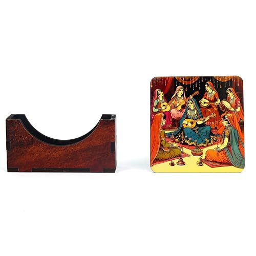 Zepdos Wooden Handcrafted Rajasthani Art Coasters Set with Stand, Ethnic Indian Folk Design Tea & Coffee Coaster Set for Coffee Cups, Dining Table & Home Decor (Set of 6) - Image 5