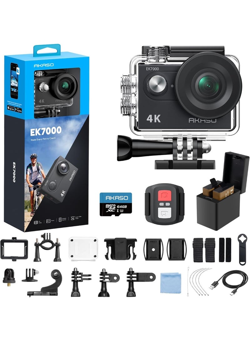 أكاسو كاميرا تصوير الحركة أكاسو EK7000 بدقة 4K و30 إطاراً – مجموعة متكاملة مع بطاقة ذاكرة 64 جيجابايت، مقاومة للماء حتى 131 قدماً، تحكم عن بعد، واي فاي (لون أسود) - Image 1