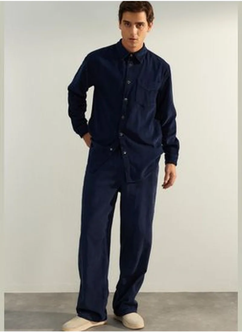 trendyol Men's Navy Blue Velvet Wide Leg Limited Edition Trousers.