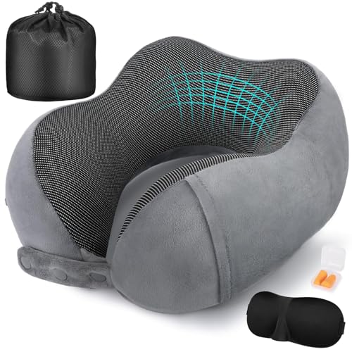 Cirorld Neck Pillow for Traveling Travel Pillows for Airplanes100 Pure Memory Foam Travel Neck Pillow Adjustable Flight Pillow Portable Plane Accessories with Eye Mask Earplugs Carry Bag - Image 1