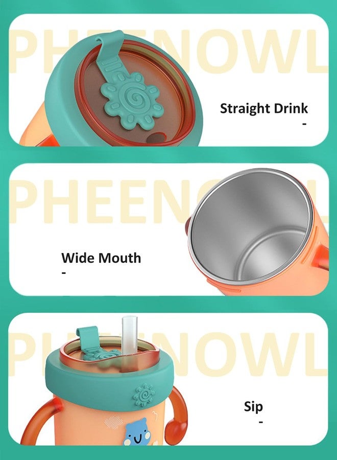 PHEENOWL كوب فينوول من الفولاذ المقاوم للصدأ للأطفال، 10 أونصة/300 مل مع مقبض وغطاء، أكواب للأطفال الصغار بأكمام معزولة حراريًا، هدايا للأولاد والبنات (برتقالي) - Image 2