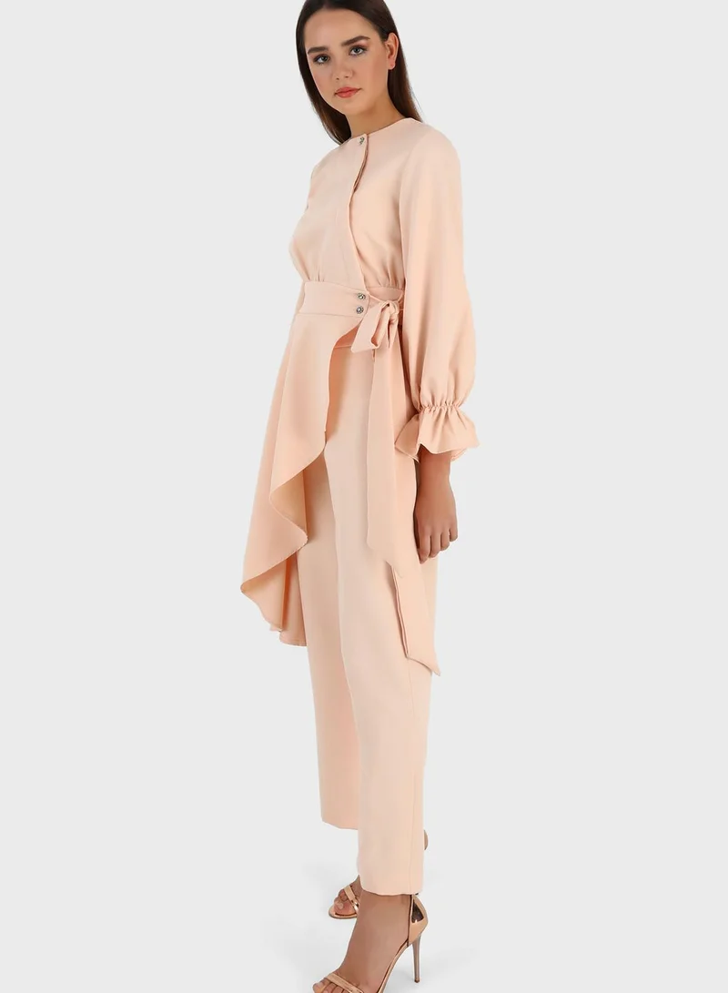 Refka by modanisa Belted Ruffle Sleeve Blazer & Pants Set