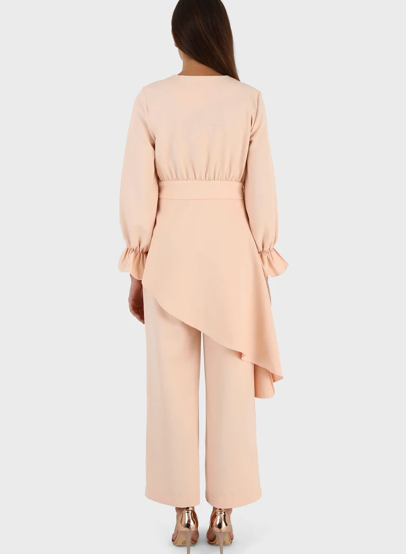 Refka by modanisa Belted Ruffle Sleeve Blazer & Pants Set